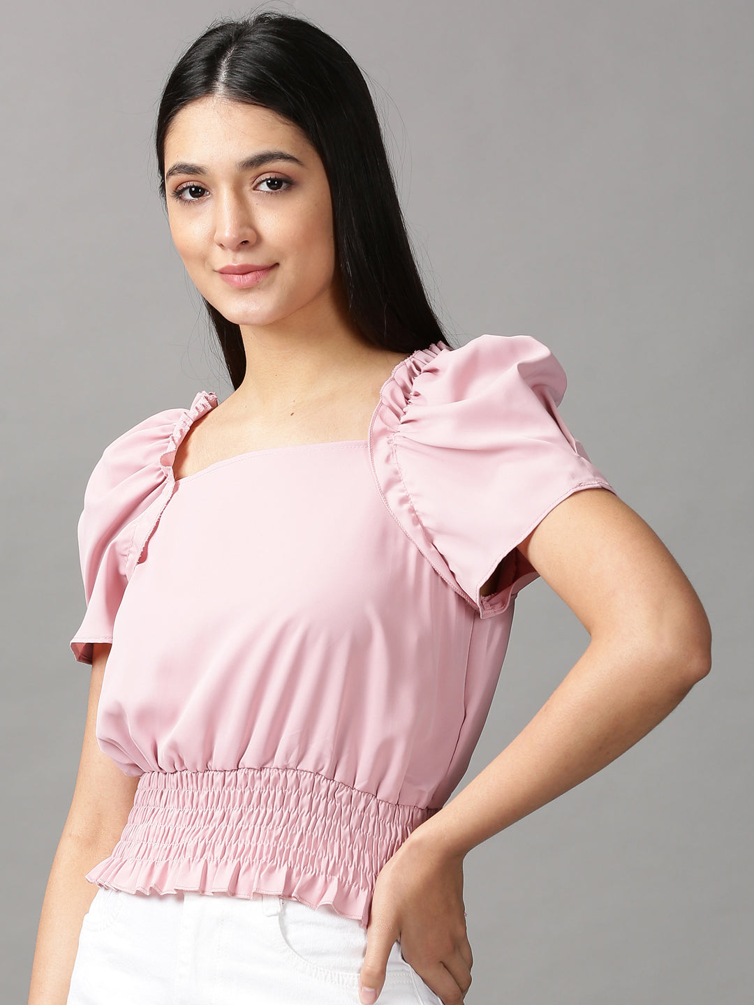 Women's Pink Studded Blouson Crop Top