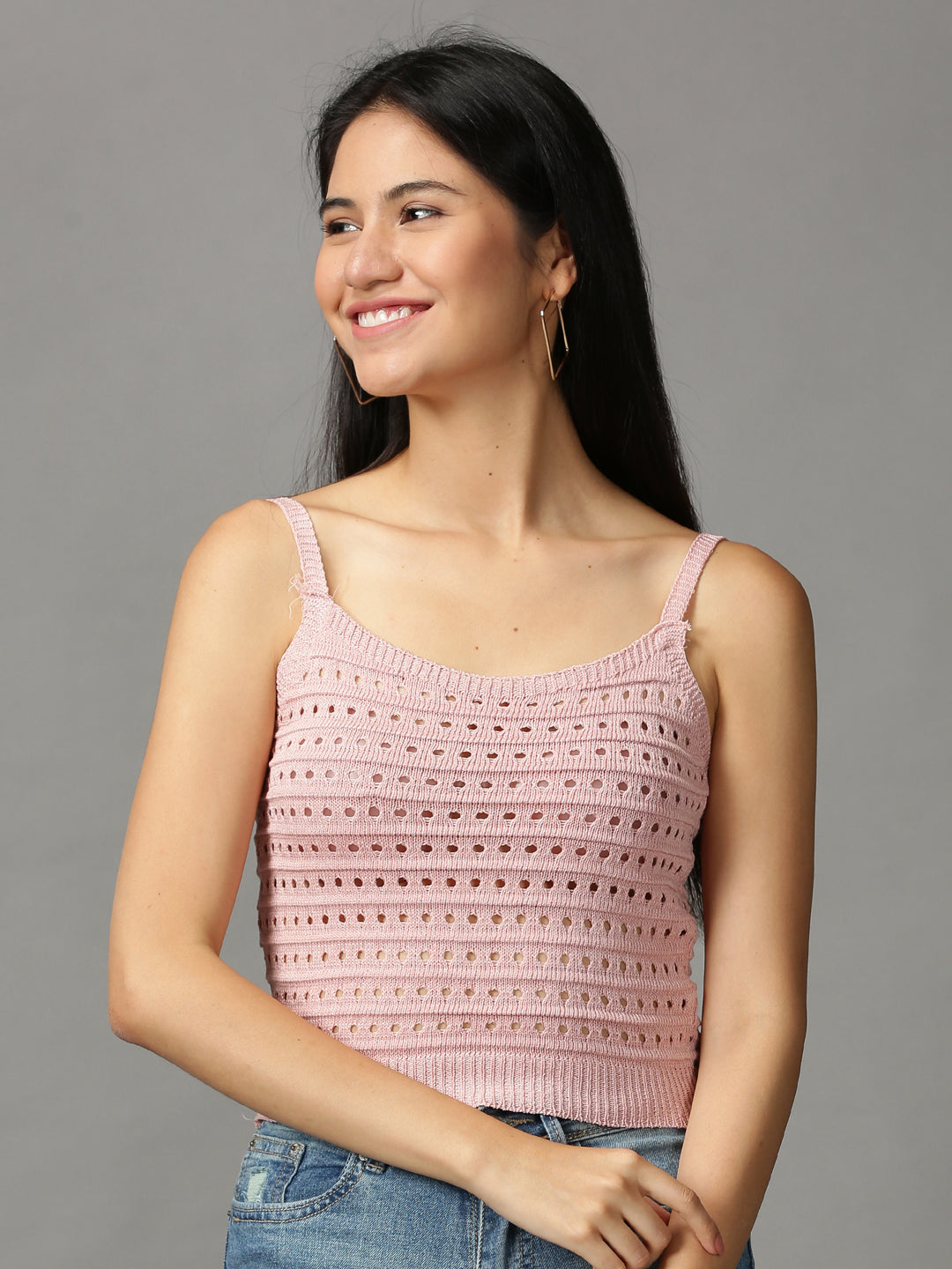 Women's Pink Lace Shoulder Straps Fitted Crop Top