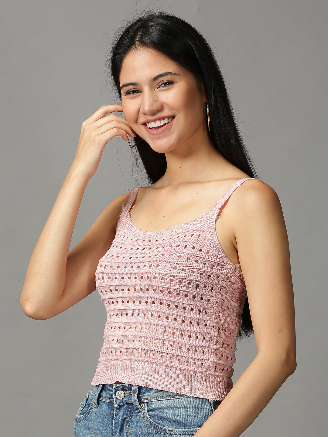 Women's Pink Lace Shoulder Straps Fitted Crop Top