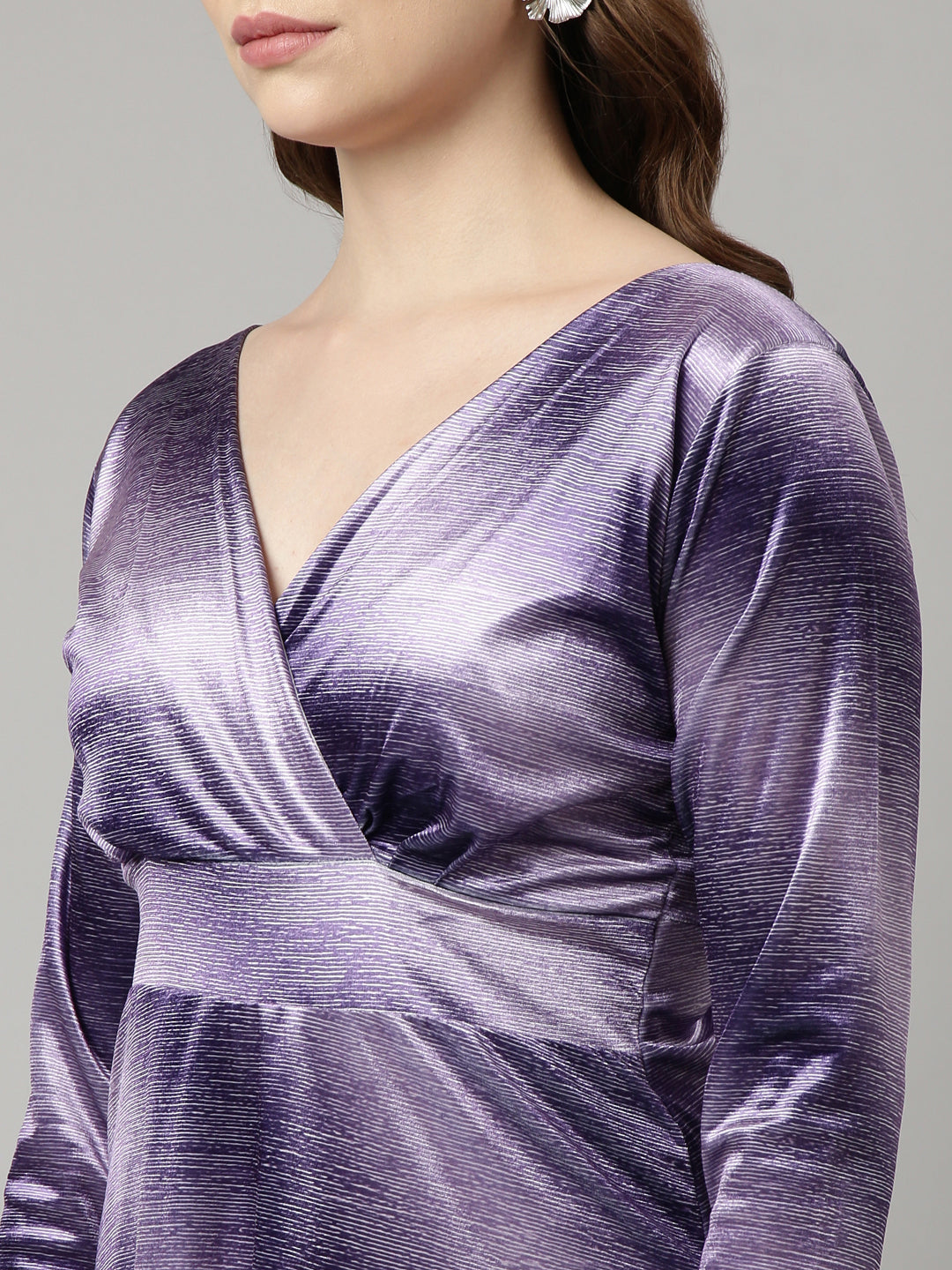 Women's Lavender V-Neck Full Sleeves Flared A-Line Dress