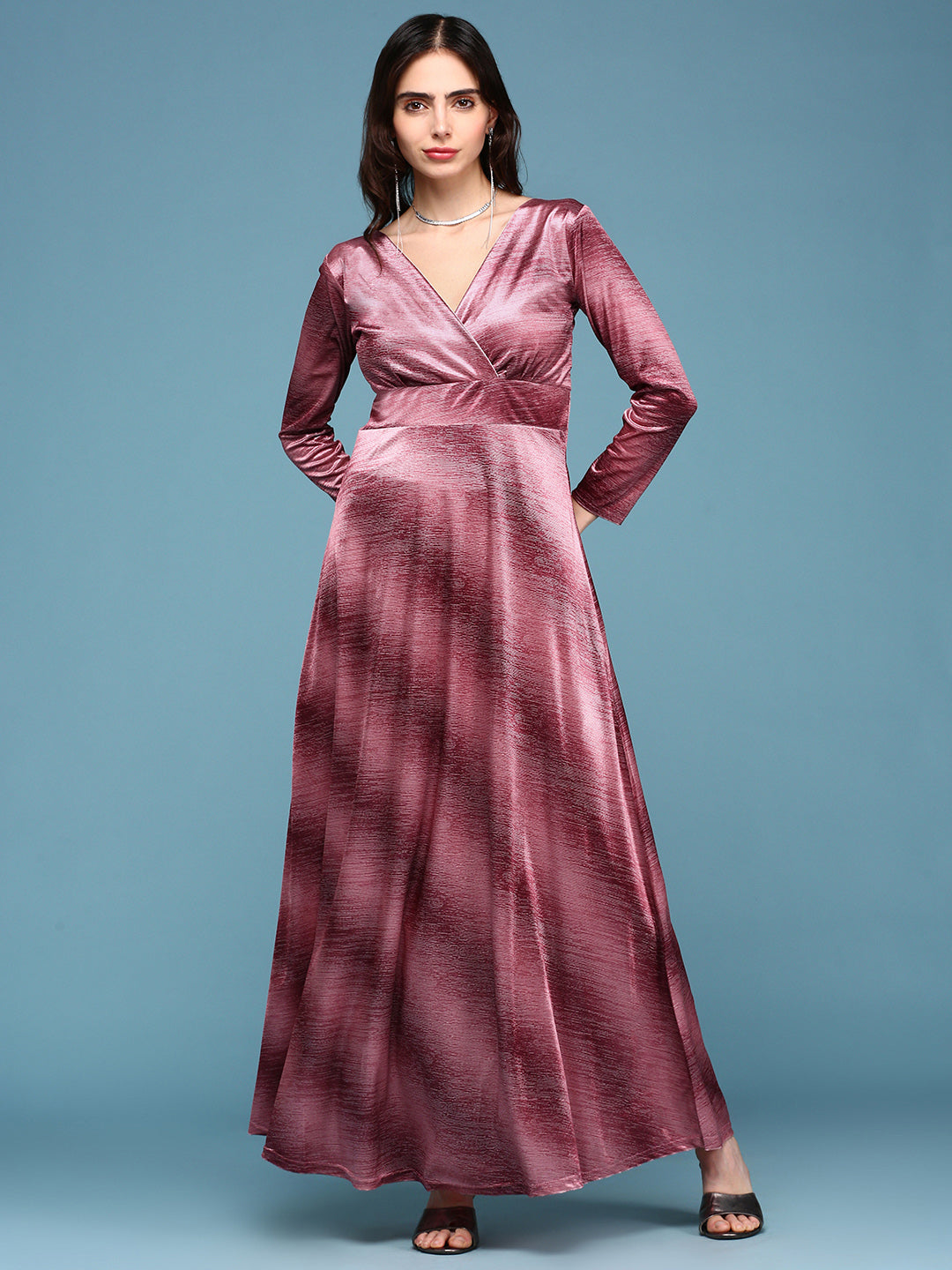 Women's Peach V-Neck Fit and Flare Maxi Dress