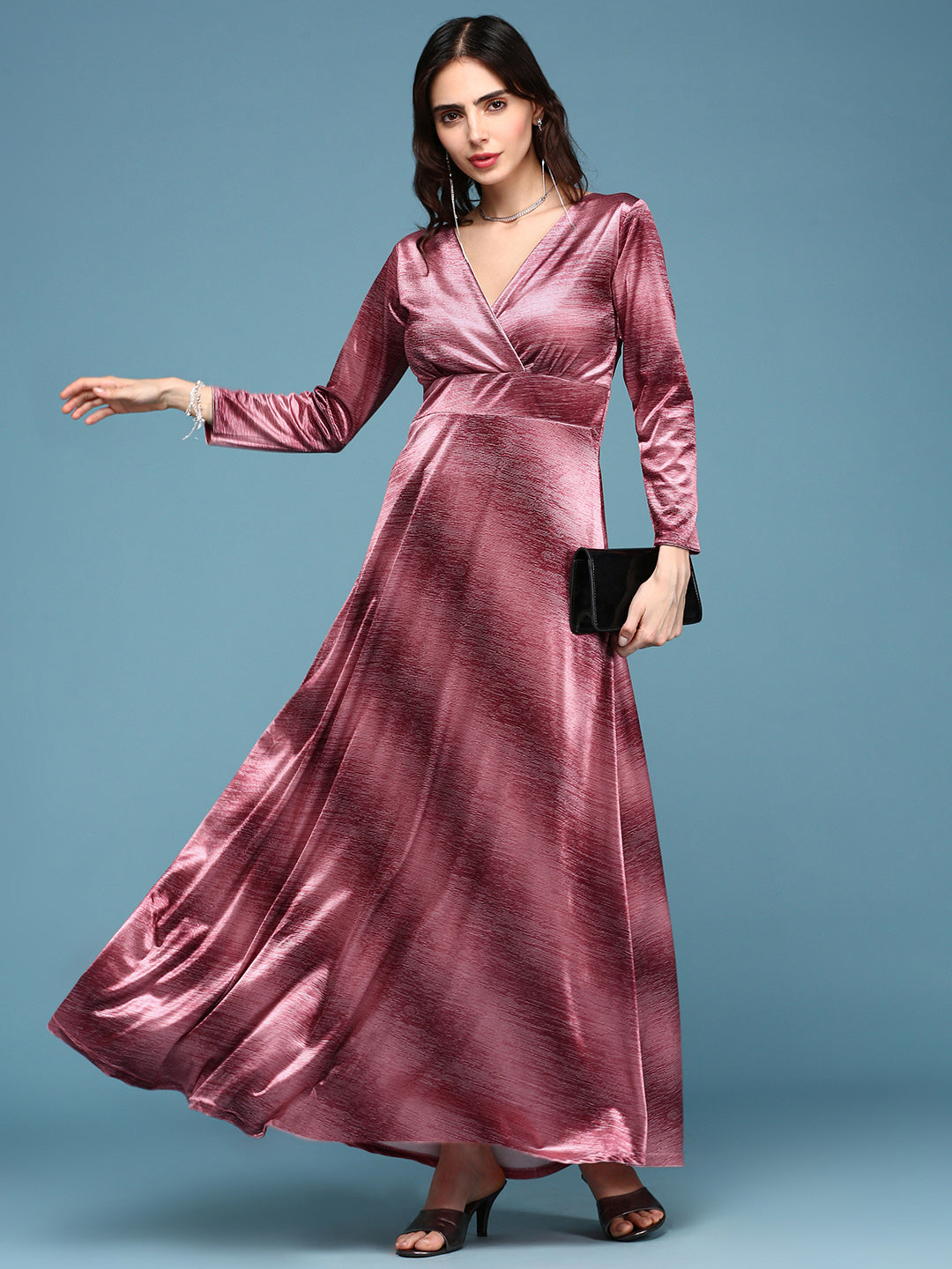 Women's Peach V-Neck Fit and Flare Maxi Dress