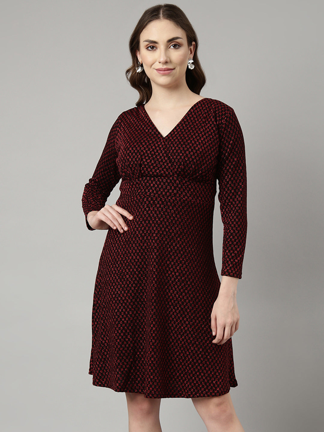 Women's Red Checked V-Neck Fit and Flare Dress