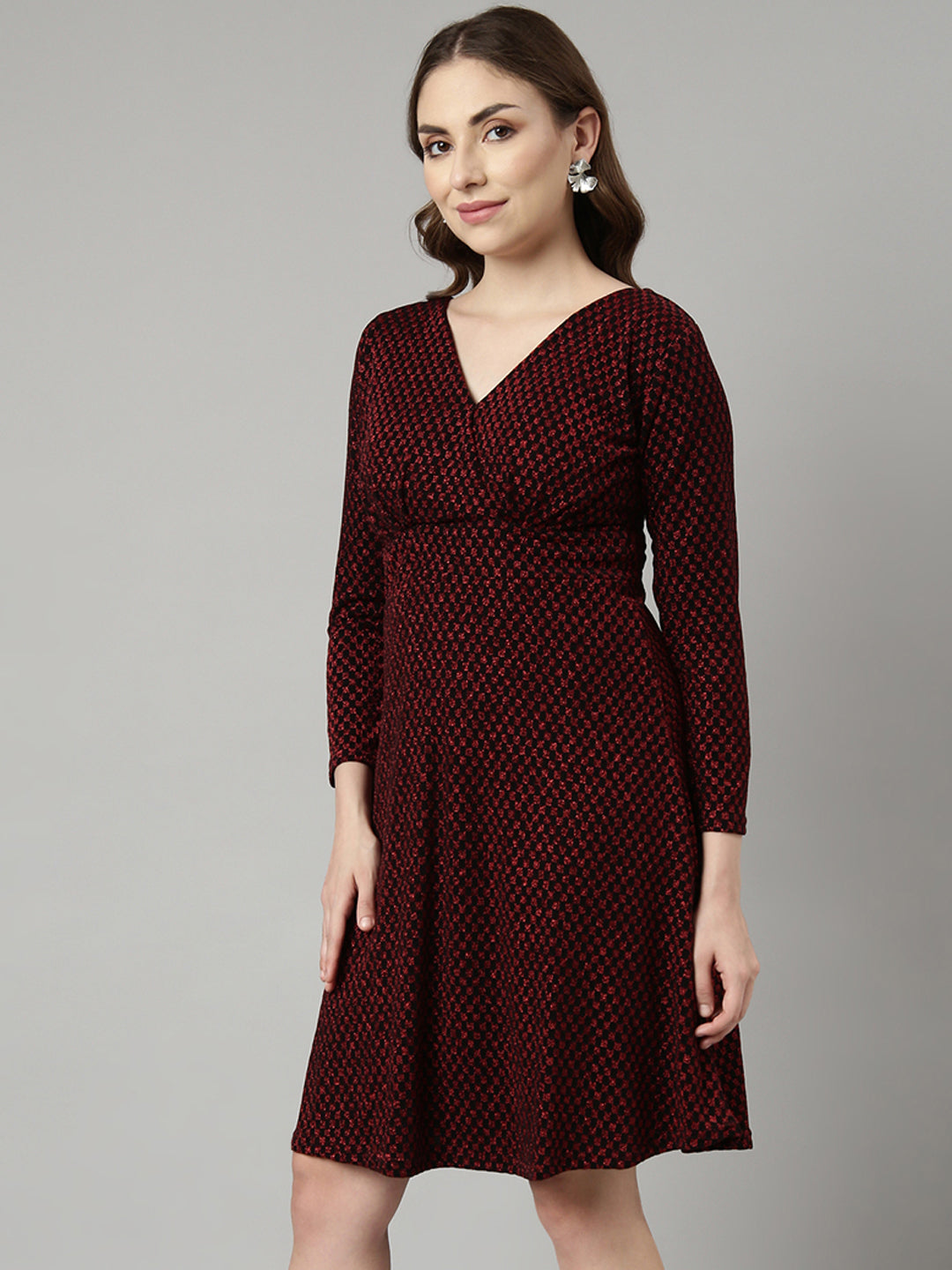 Women's Red Checked V-Neck Fit and Flare Dress