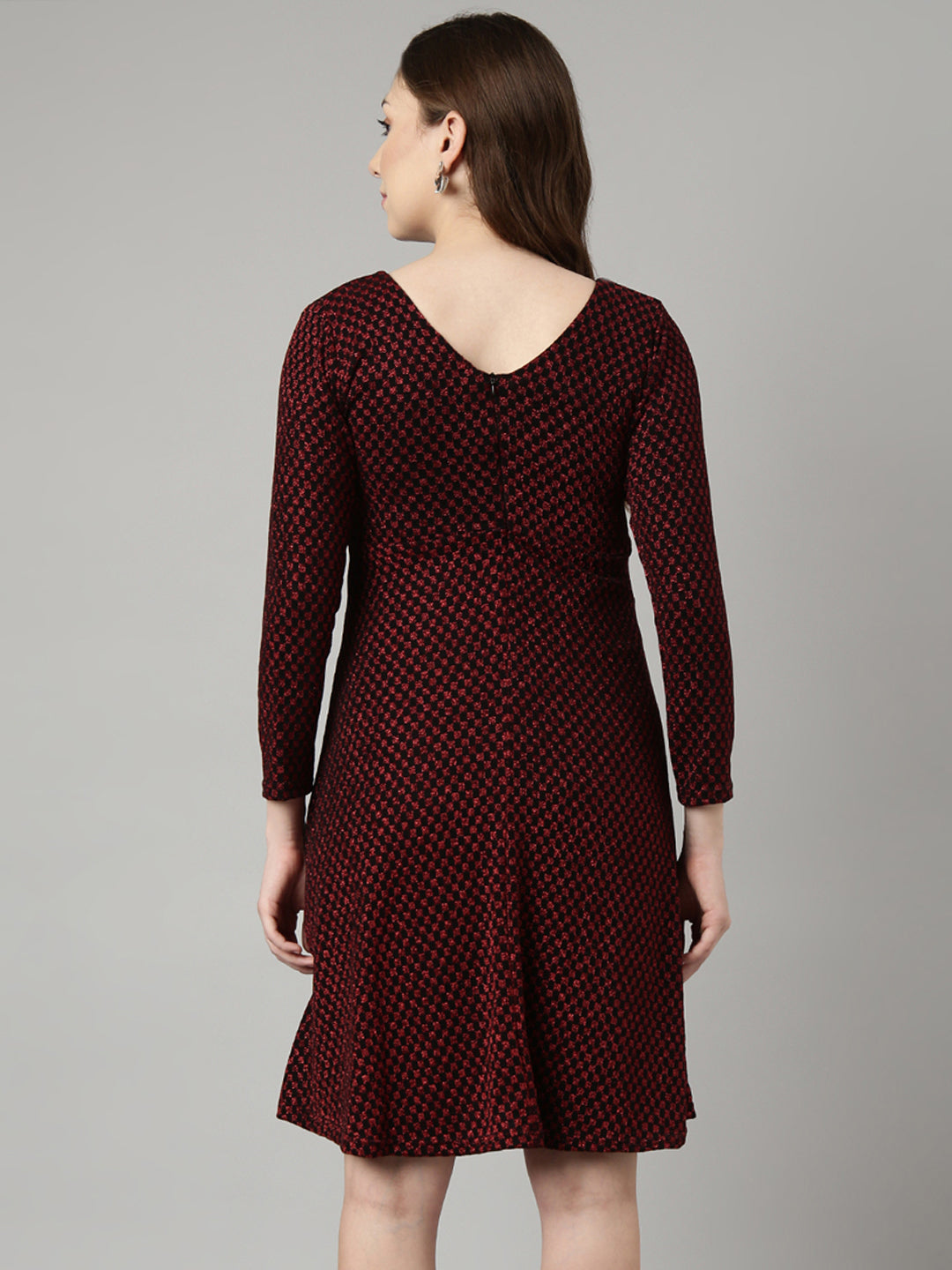Women's Red Checked V-Neck Fit and Flare Dress