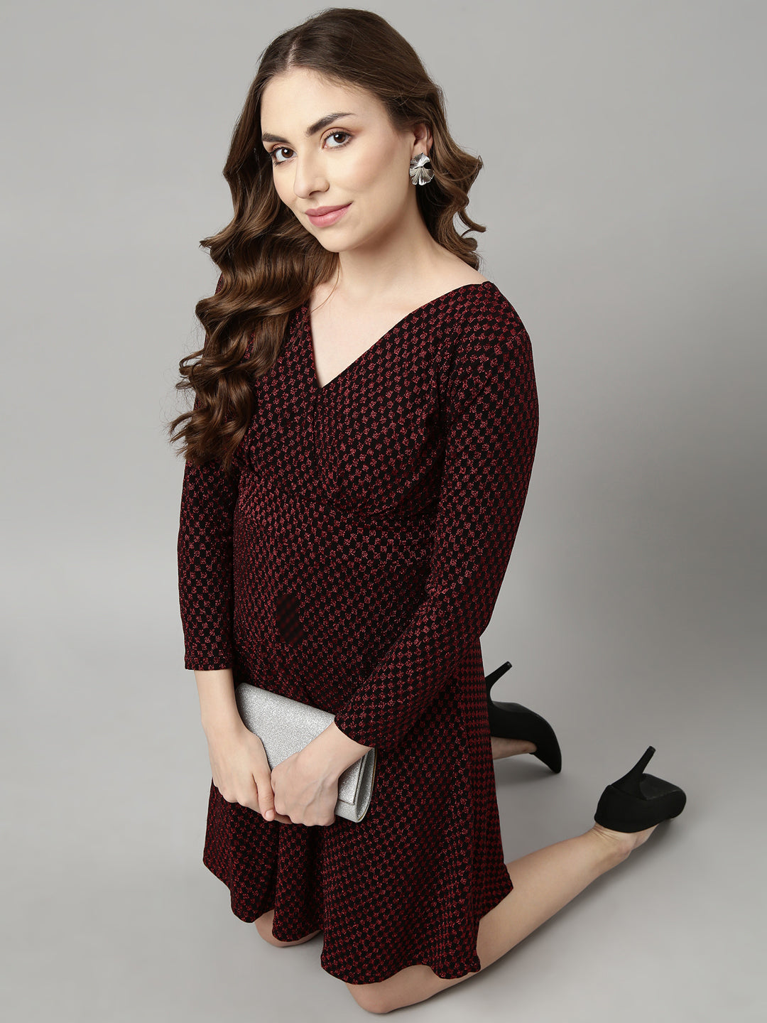Women's Red Checked V-Neck Fit and Flare Dress