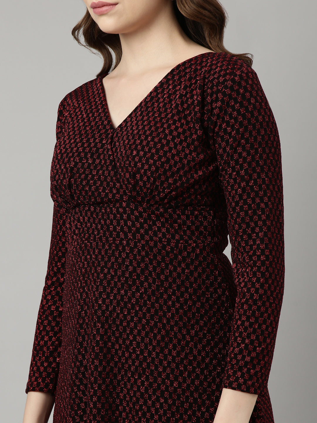 Women's Red Checked V-Neck Fit and Flare Dress