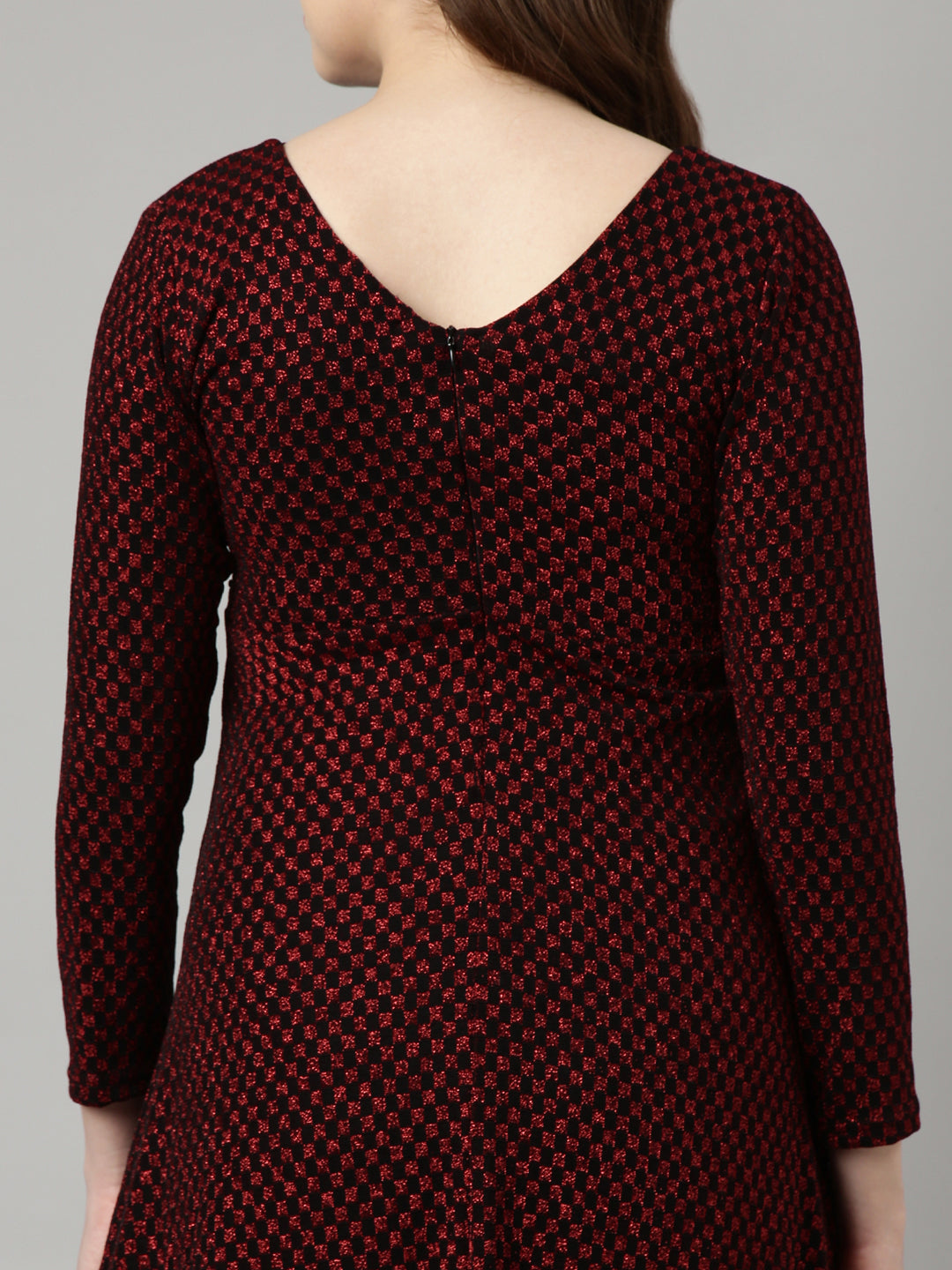 Women's Red Checked V-Neck Fit and Flare Dress