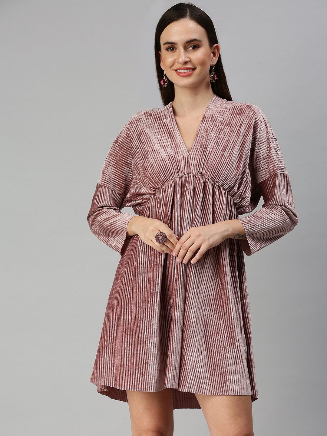 Women's V-Neck Solid Fit and Flare Mauve Dress