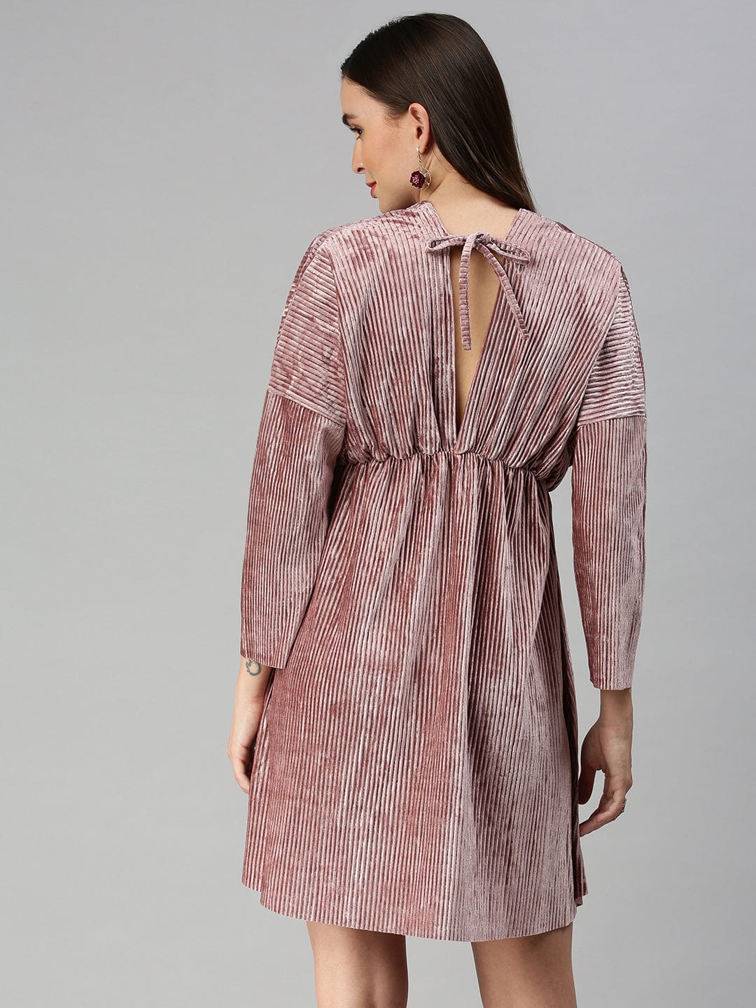 Women's V-Neck Solid Fit and Flare Mauve Dress