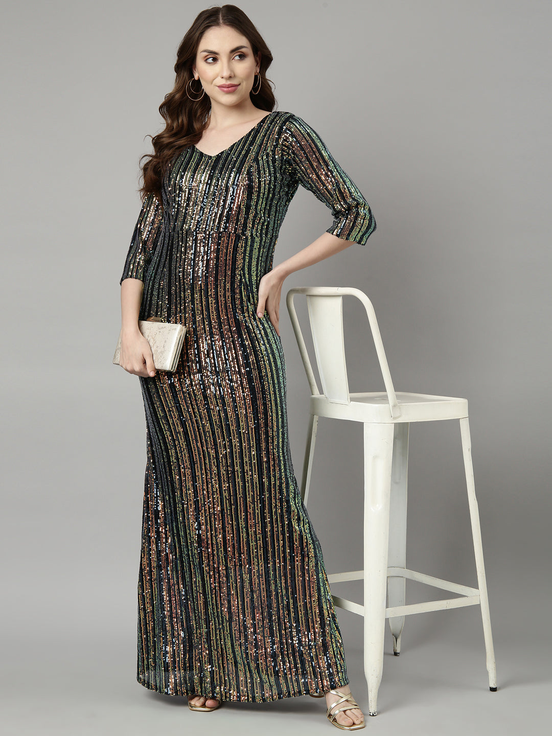 Women's Teal Embellished Maxi Party Wear Dress