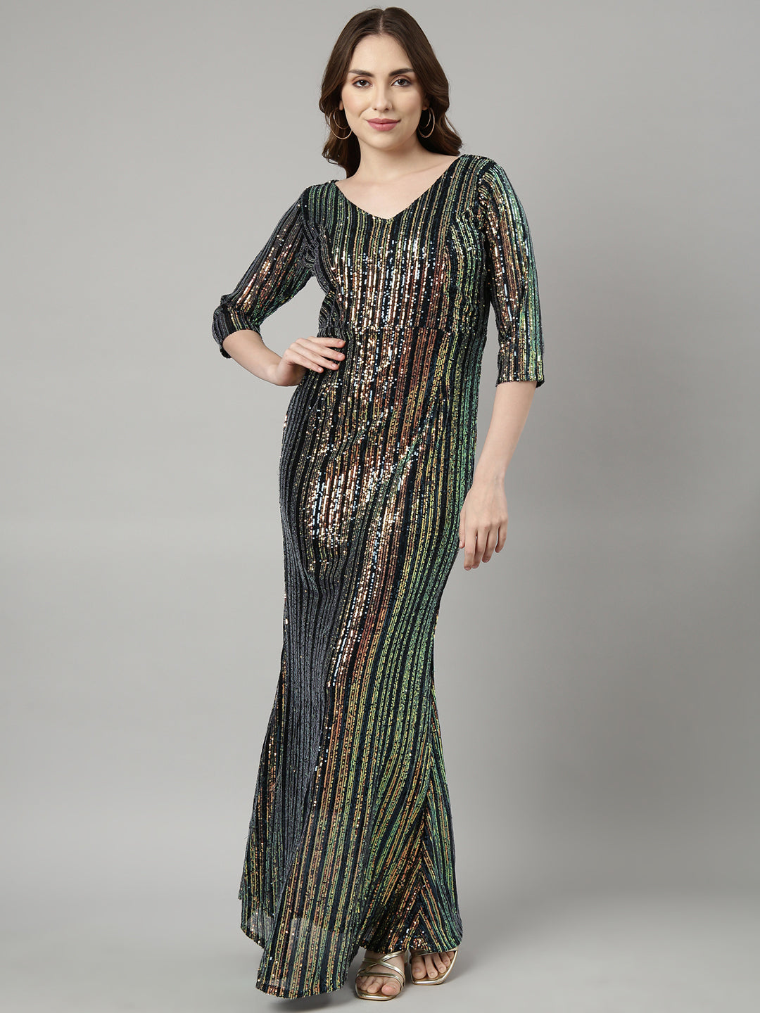 Women's Teal Embellished Maxi Party Wear Dress