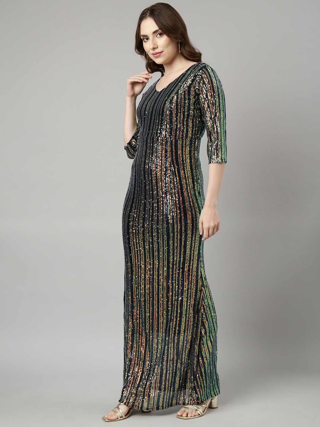 Women's Teal Embellished Maxi Party Wear Dress