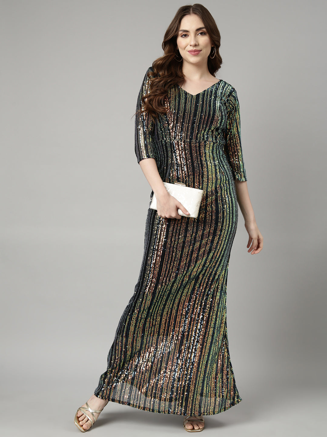 Women's Teal Embellished Maxi Party Wear Dress