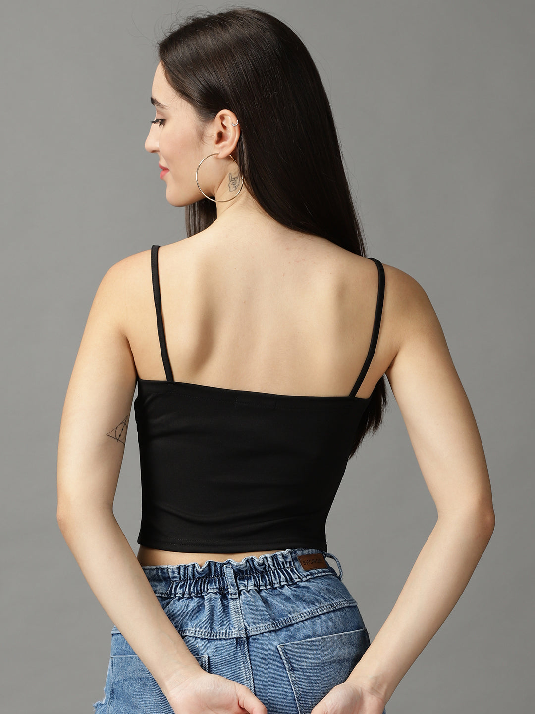 Women's Black Button Studded Fitted Crop Top