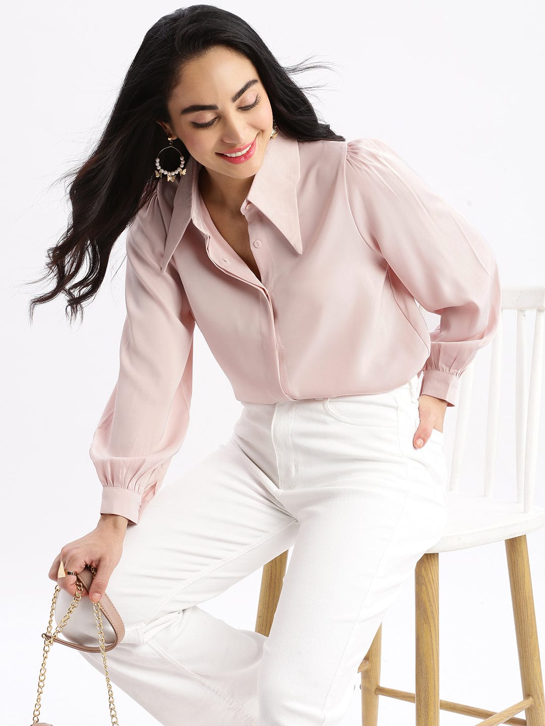 Women's Peach Solid Spread Collar Shirt