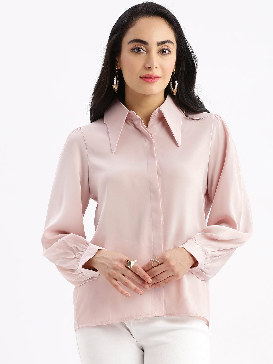 Women's Peach Solid Spread Collar Shirt