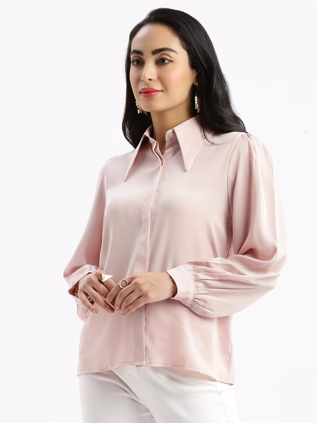 Women's Peach Solid Spread Collar Shirt