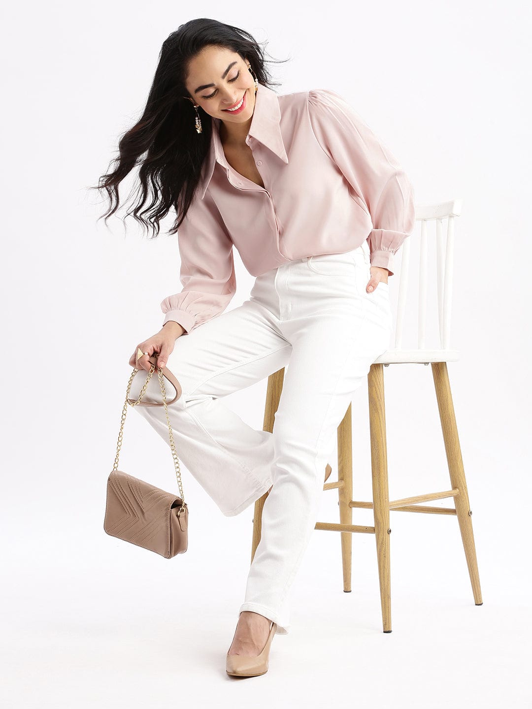 Women's Peach Solid Spread Collar Shirt