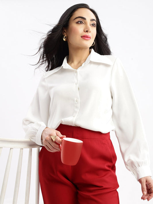 Women's White Solid Spread Collar Shirt