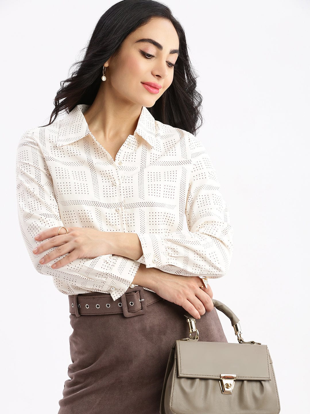 Women's Cream Standard Slim Fit Opaque Printed Casual Shirt