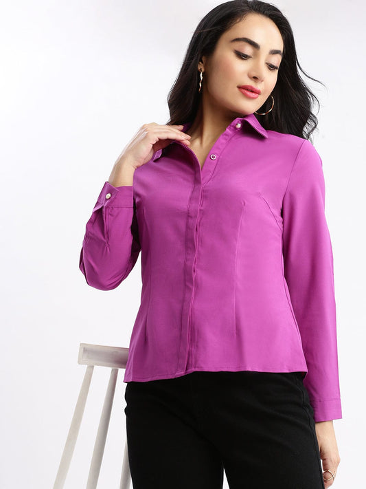 Women's Purple Standard Solid Spread Collar Slim Fit Shirt