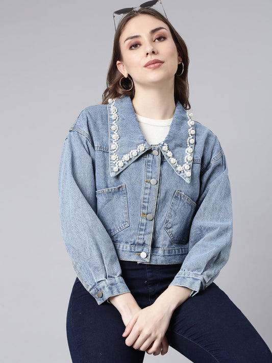 Women's Blue Washed Studded Drop Shoulder Crop Denim Jacket