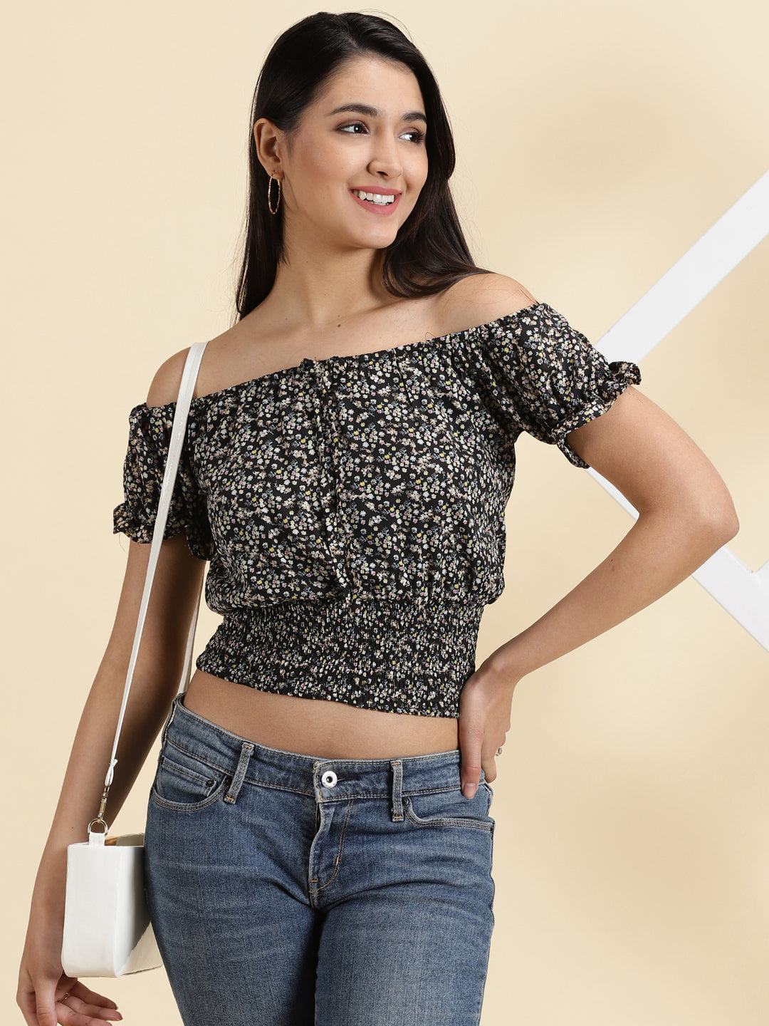 Women's Black Floral Printed Off-Shoulder Bardot Crop Top