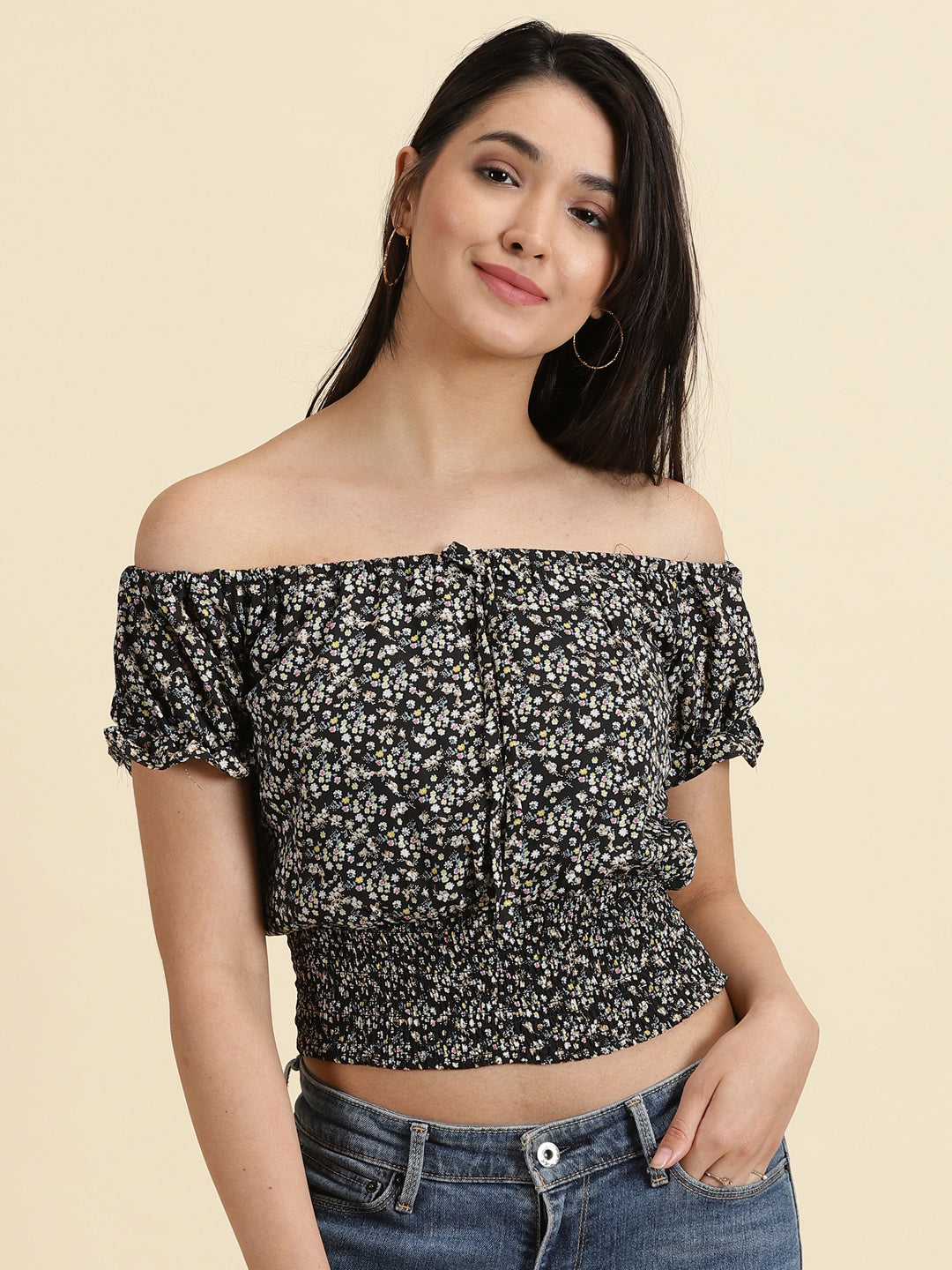 Women's Black Floral Printed Off-Shoulder Bardot Crop Top