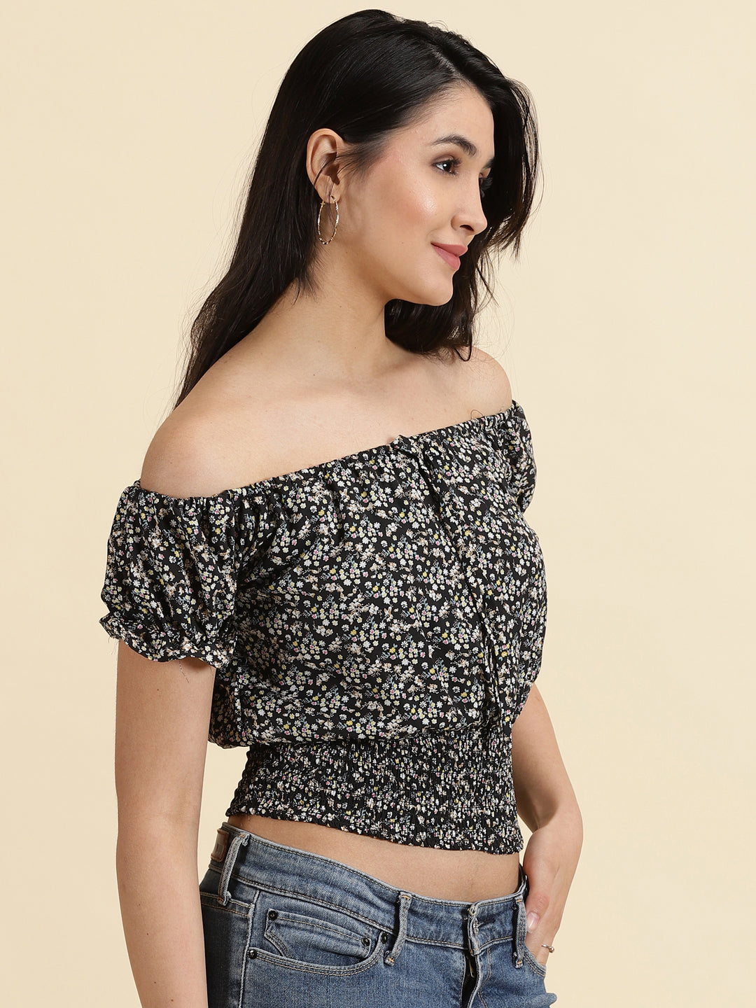 Women's Black Floral Printed Off-Shoulder Bardot Crop Top