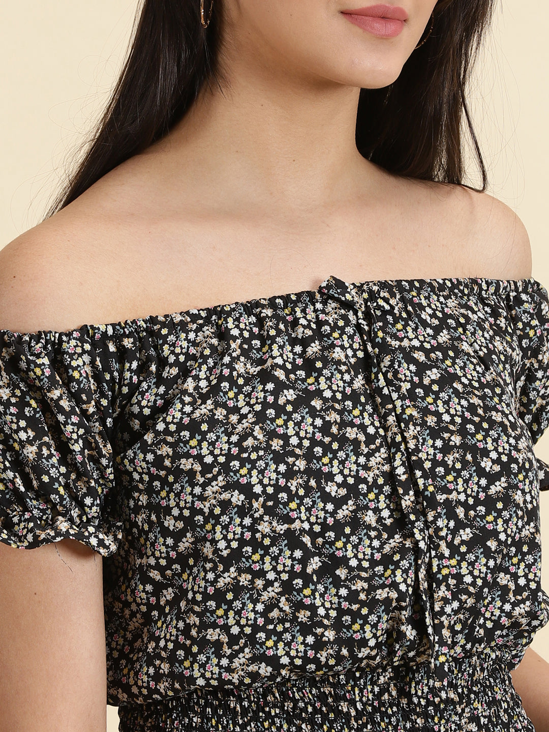 Women's Black Floral Printed Off-Shoulder Bardot Crop Top
