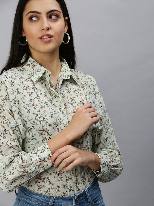 Women's Green Contemporary Slim Fit Floral Semi Sheer Printed Casual Shirt