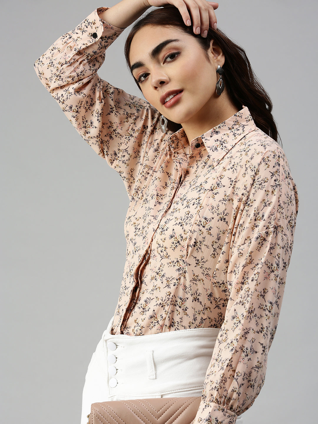 Women's Peach Contemporary Slim Fit Floral Semi Sheer Printed Casual Shirt