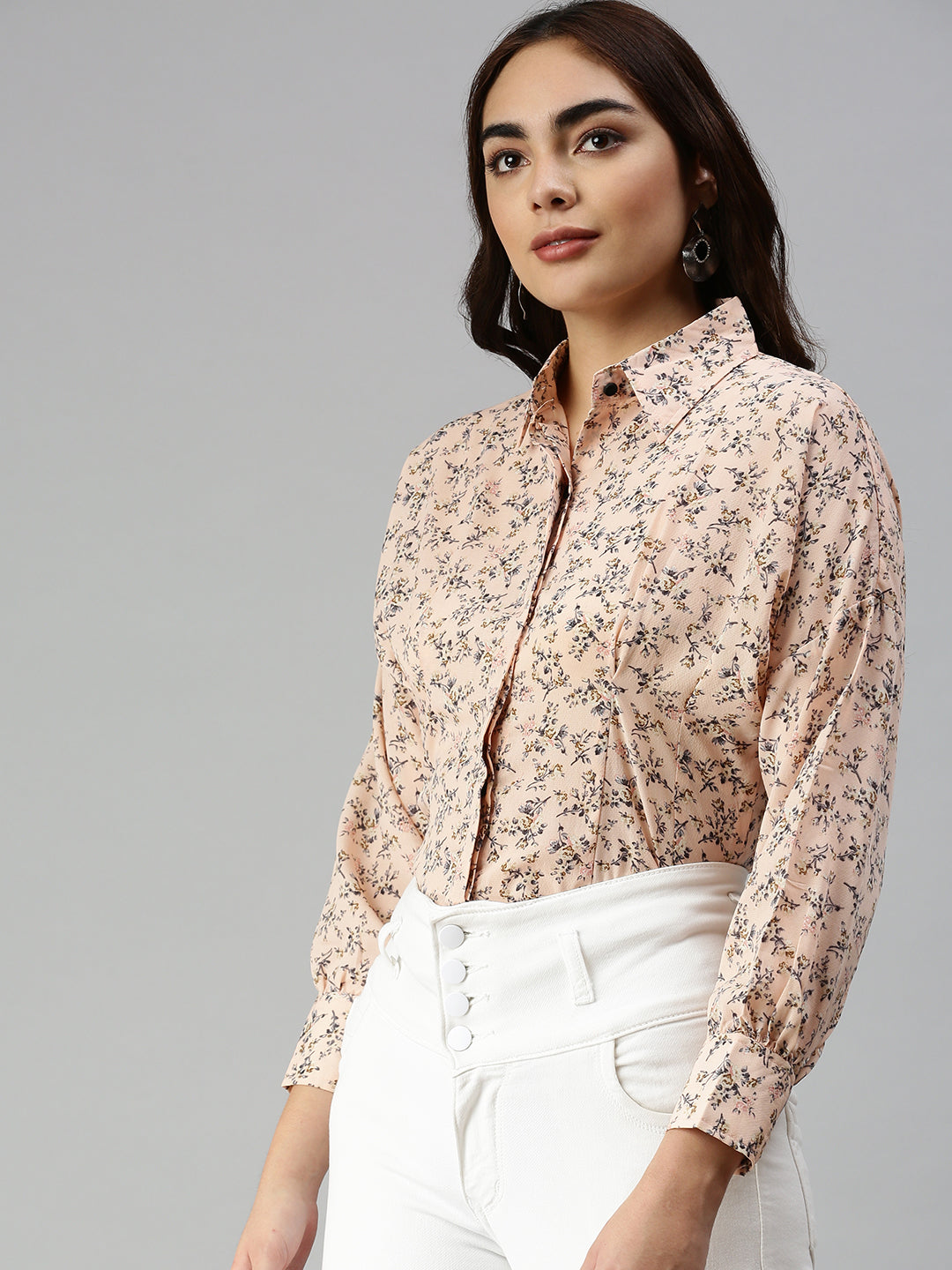 Women's Peach Contemporary Slim Fit Floral Semi Sheer Printed Casual Shirt