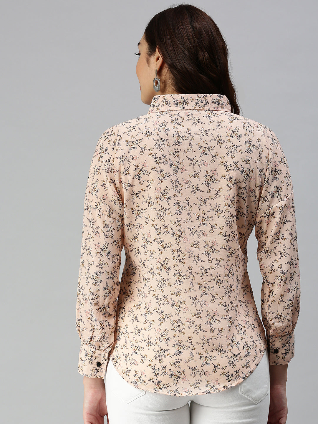 Women's Peach Contemporary Slim Fit Floral Semi Sheer Printed Casual Shirt