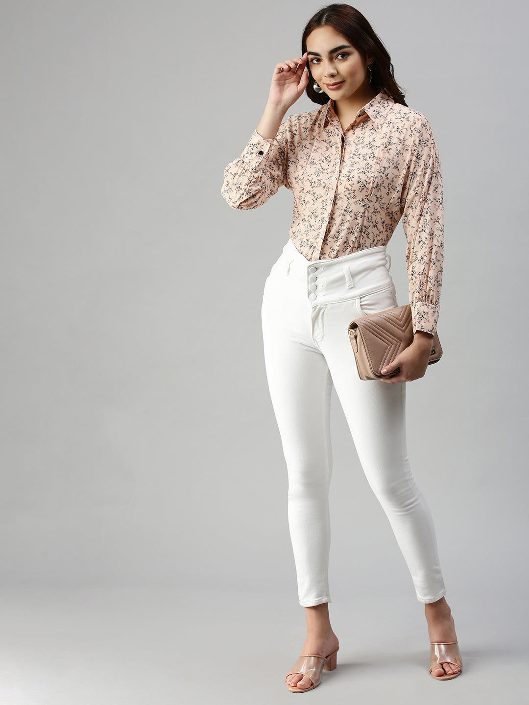Women's Peach Contemporary Slim Fit Floral Semi Sheer Printed Casual Shirt