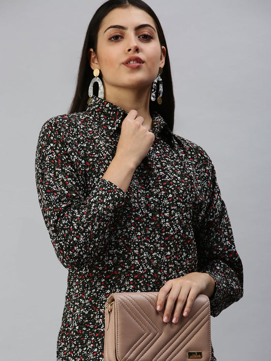 Women's Black Contemporary Slim Fit Floral Semi Sheer Printed Casual Shirt