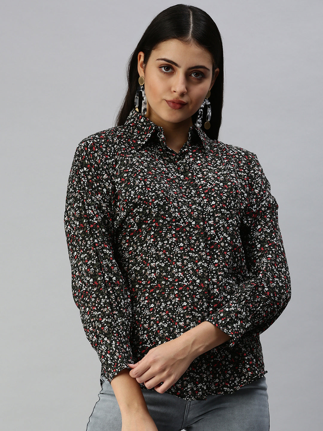 Women's Black Contemporary Slim Fit Floral Semi Sheer Printed Casual Shirt