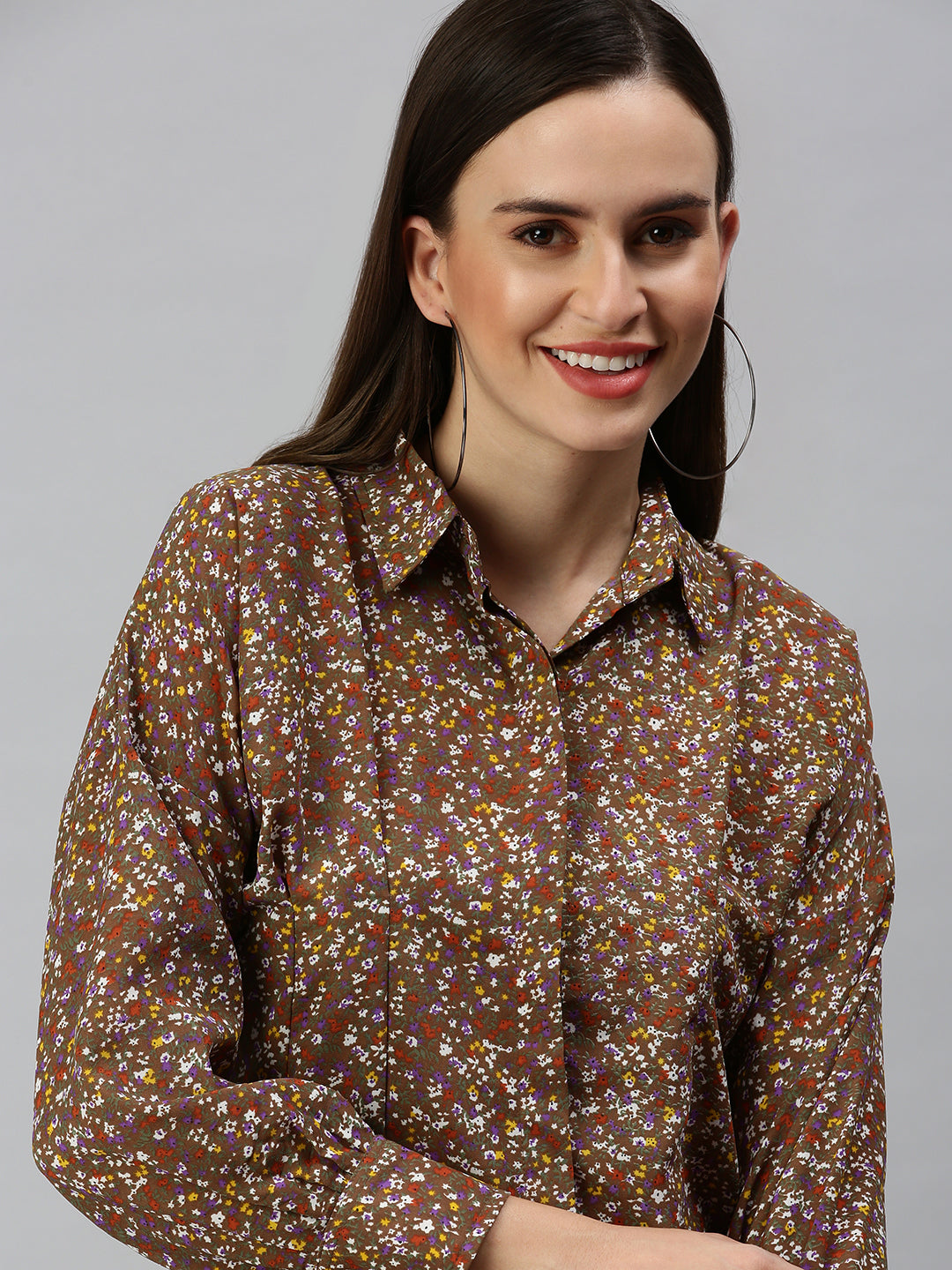 Women's Brown Contemporary Slim Fit Floral Semi Sheer Printed Casual Shirt