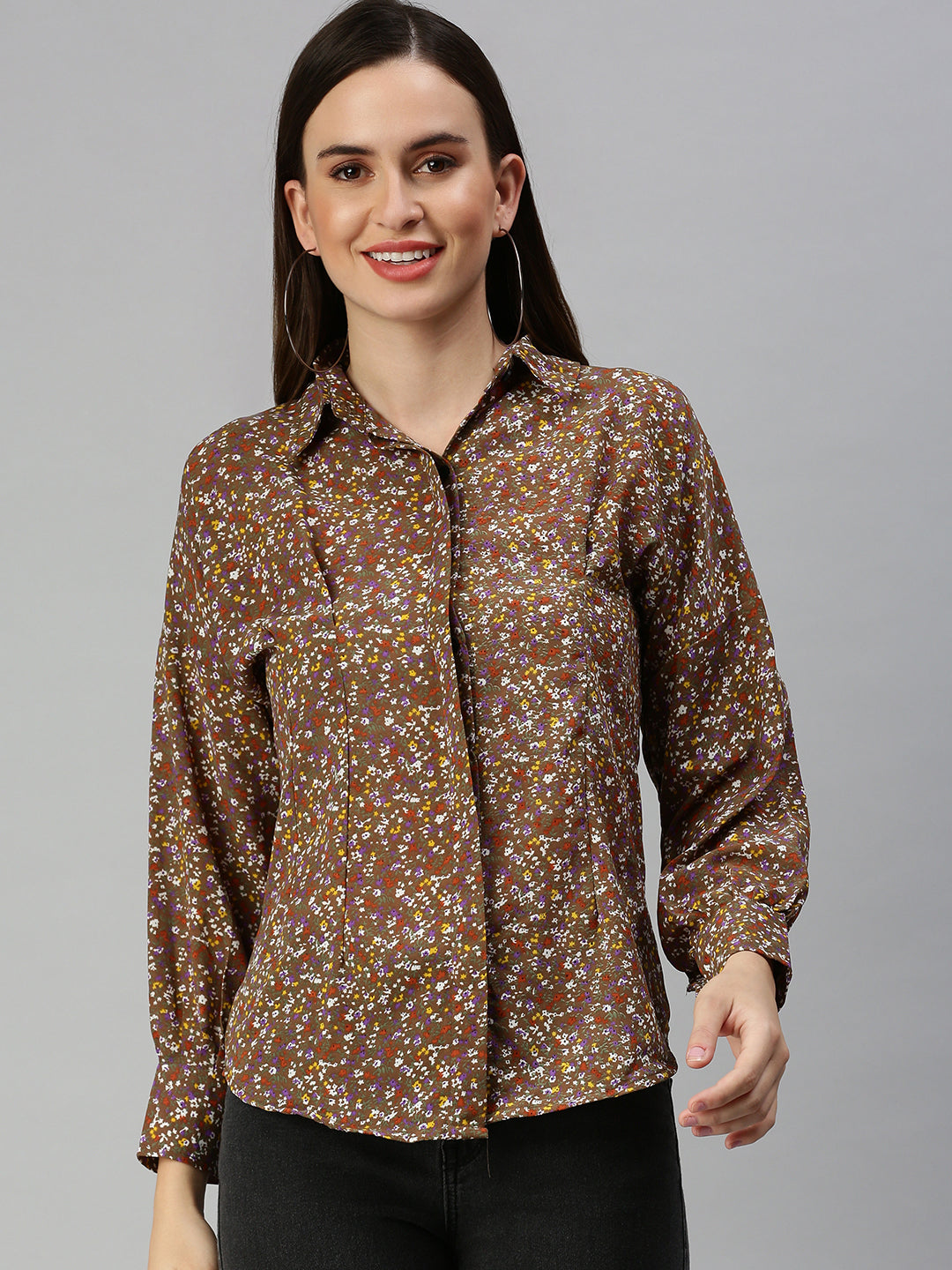 Women's Brown Contemporary Slim Fit Floral Semi Sheer Printed Casual Shirt