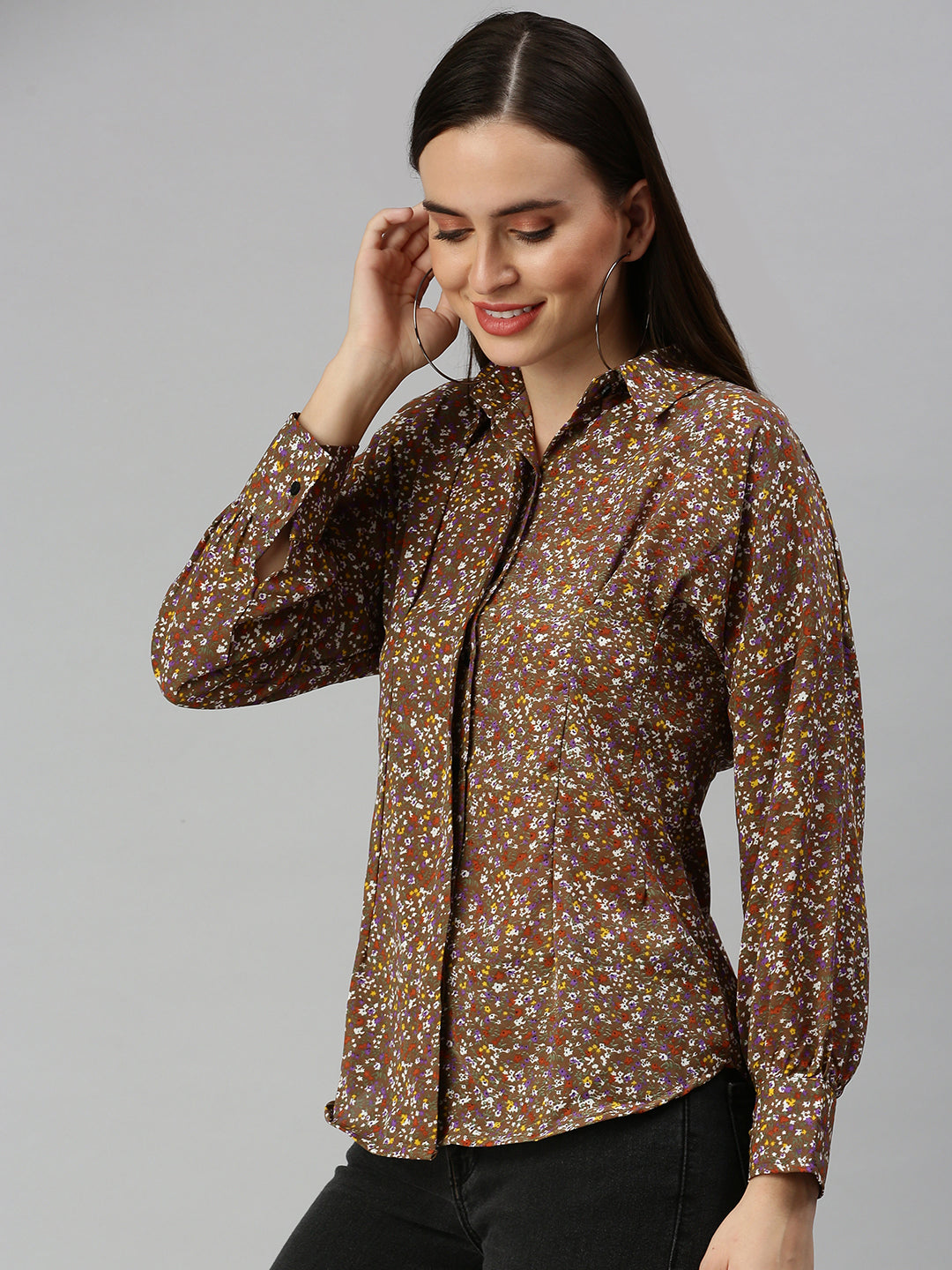 Women's Brown Contemporary Slim Fit Floral Semi Sheer Printed Casual Shirt