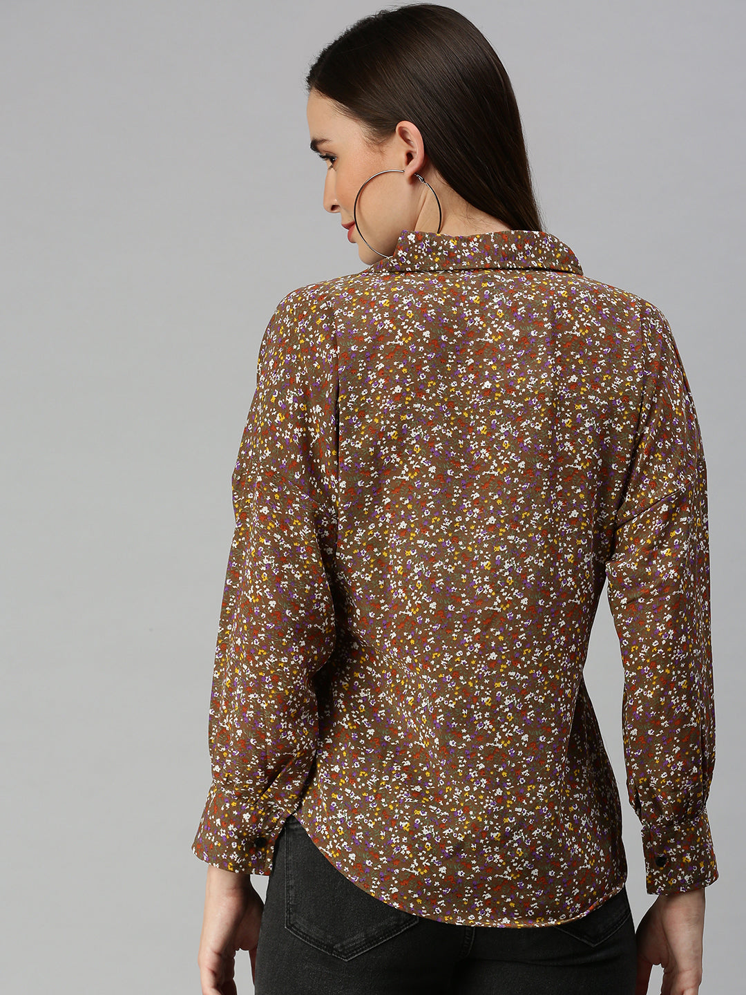 Women's Brown Contemporary Slim Fit Floral Semi Sheer Printed Casual Shirt