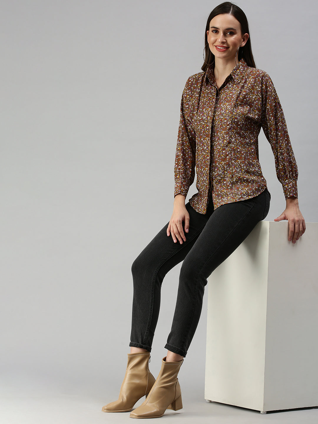 Women's Brown Contemporary Slim Fit Floral Semi Sheer Printed Casual Shirt