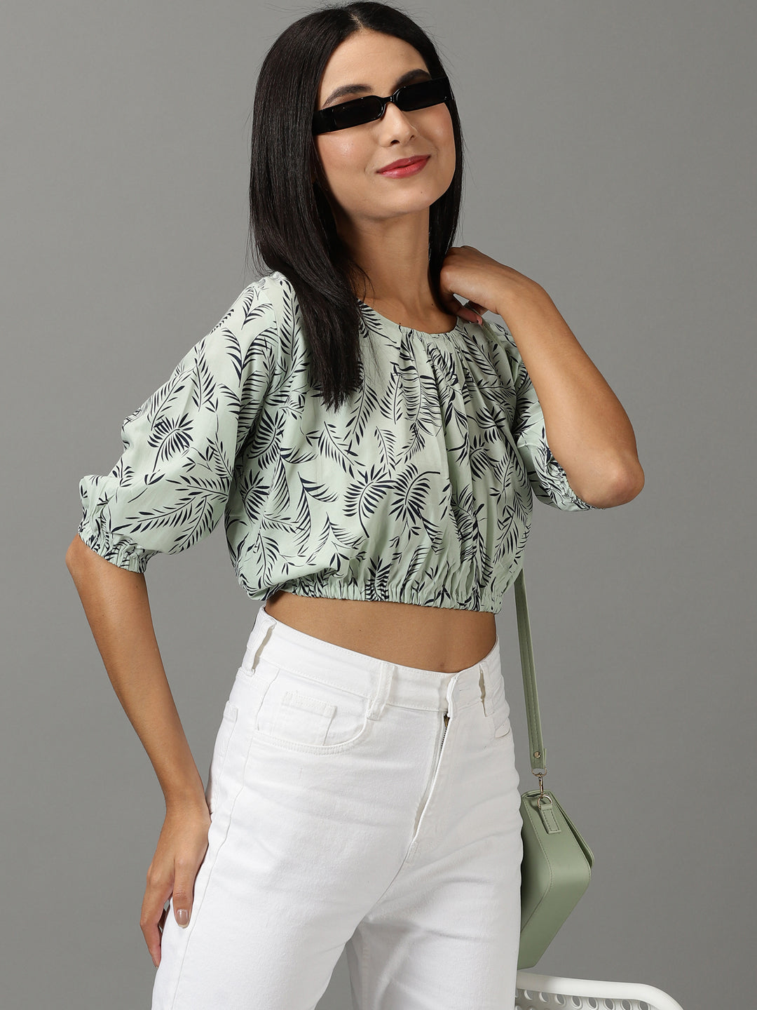 Women's Sea Green Tropical Printed Puff Sleeves Blouson Crop Top