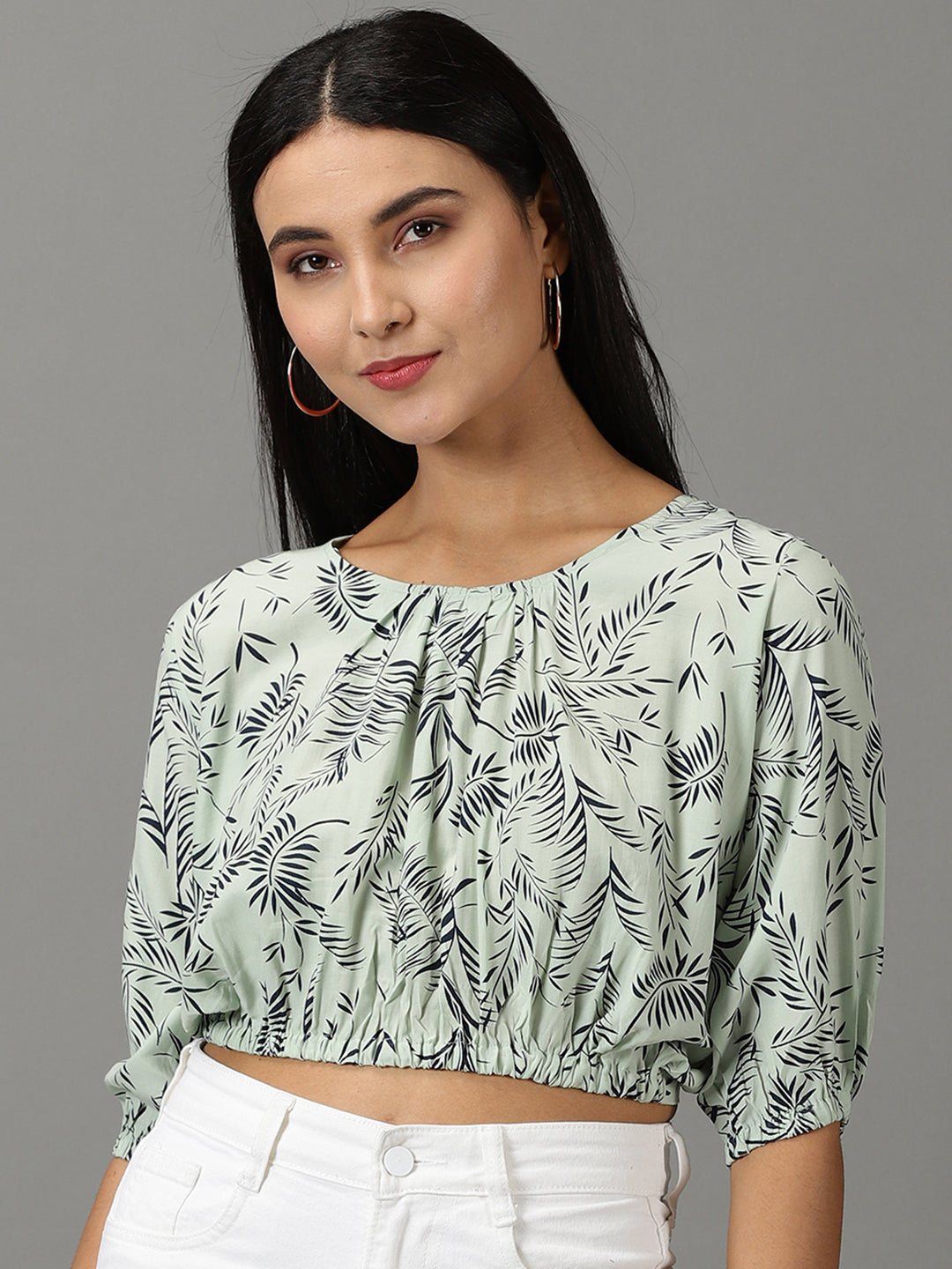 Women's Sea Green Tropical Printed Puff Sleeves Blouson Crop Top