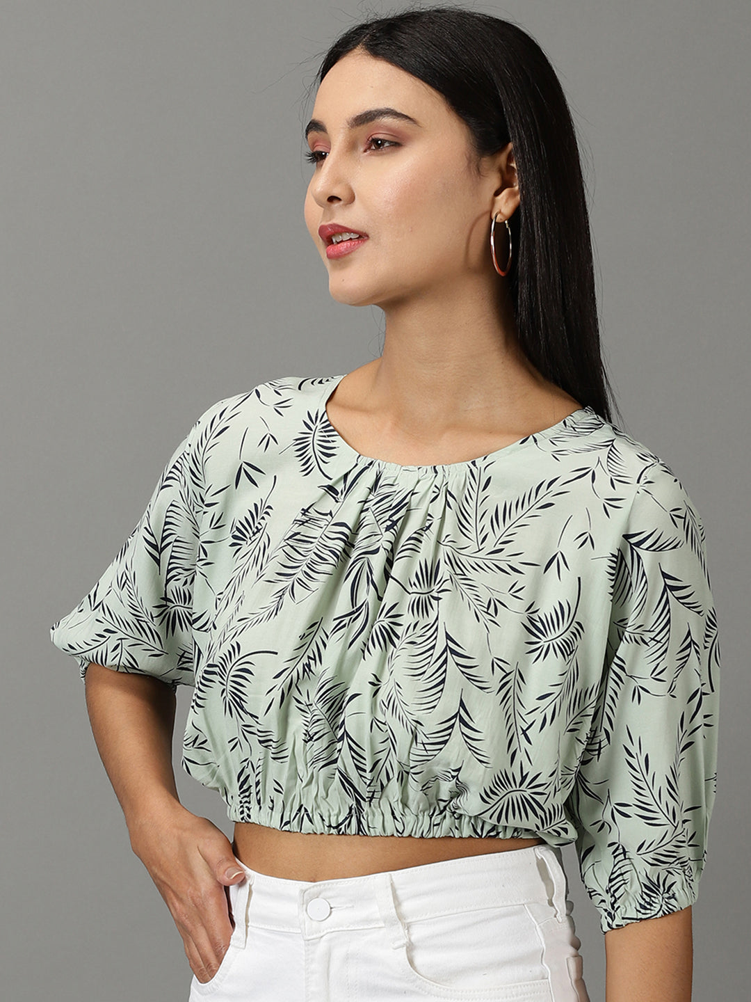 Women's Sea Green Tropical Printed Puff Sleeves Blouson Crop Top