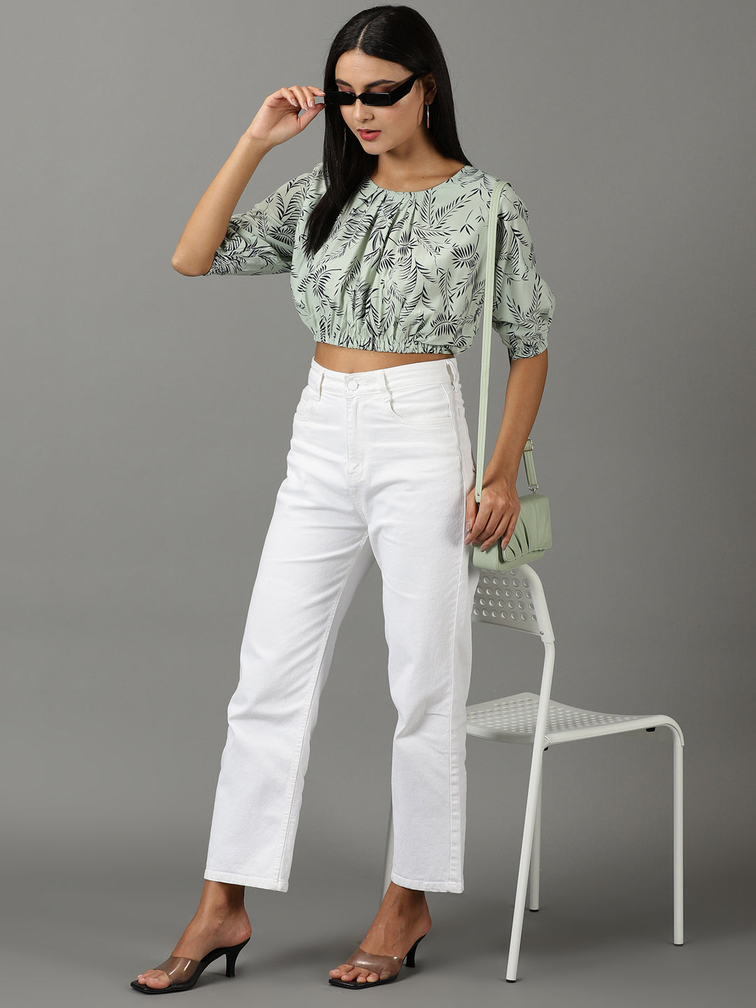Women's Sea Green Tropical Printed Puff Sleeves Blouson Crop Top