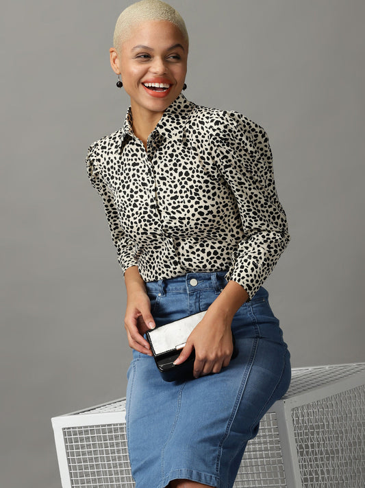 Women's Cream Animal Printed Georgette Casual Shirt
