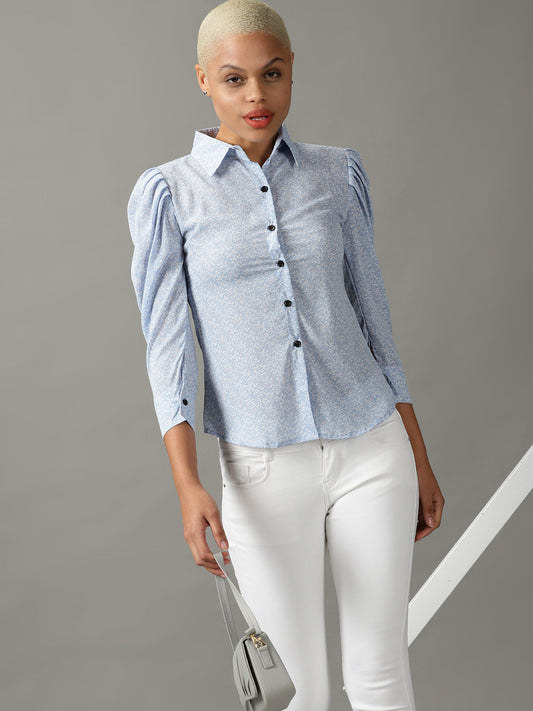 Women's Blue Floral Printed Georgette Casual Shirt