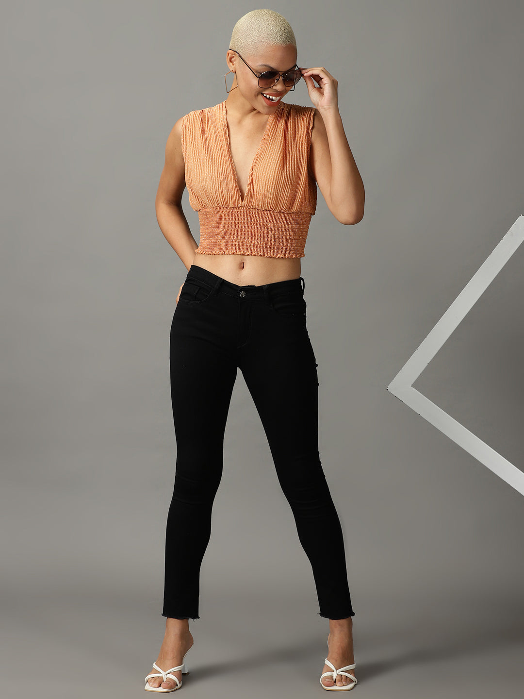 Women's Tan Print Georgette Blouson Top